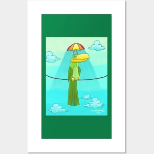 Umbrella Hat Bird Lounging on a Wire Posters and Art